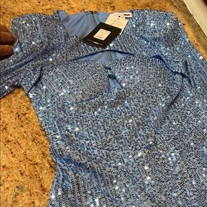 Fashion Nova Light Blue Sequin Jumpsuit